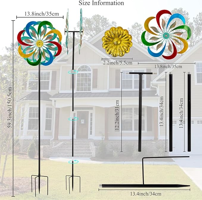 Viveta Kinetic Wind Spinners, Multicolor Double Wind Sculpture,13.8 * 59 Inch Outdoor Metal Windmills for Yard Garden