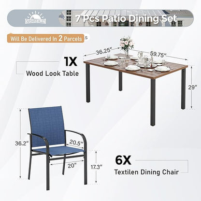 Patio Dining Set for 6, Rectangular Wood-Like Metal Table with Umbrella Hole and 6 Dining Chairs, Outdoor Table and Chairs for Lawn Garden Backyard and Deck,Blue