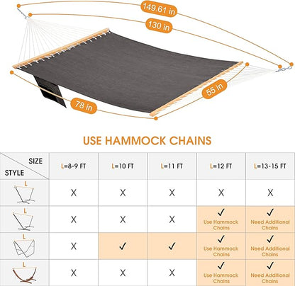 Lazy Daze Hammocks 11 FT Double Outside Hammock Quick Dry Olefin Fabric Hammock with Spreader Bar & Side Pocket for Outdoor Poolside Backyard 450 lbs Capacity, Black