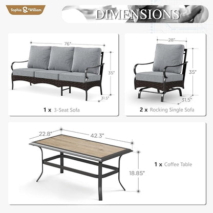 Sophia & William Patio Furniture Set, 4 Piece Metal Outdoor Conversation Set with 3-Seater Outdoor Couch, 2 Sofa Chairs, 1 Coffee Table for Outdoor Seating, Backyard, Porch(Grey)