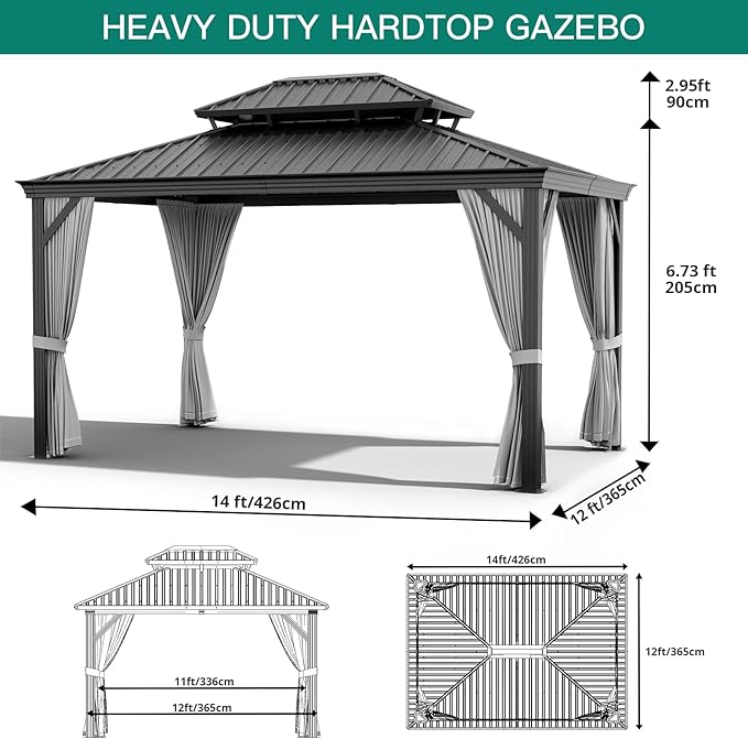 14'x12' Hardtop Gazebo, Heavy Duty Aluminum Permanent Hardtop Gazebo Outdoor Pavilion with Curtains and Netting for Garden (Gray, 14'x12')