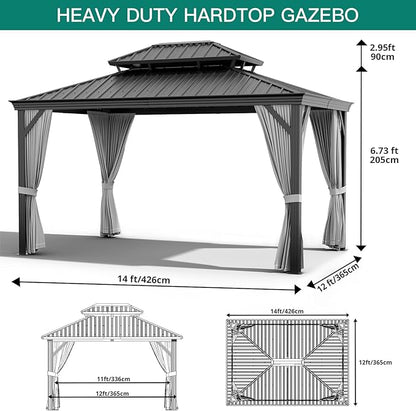 14'x12' Hardtop Gazebo, Heavy Duty Aluminum Permanent Hardtop Gazebo Outdoor Pavilion with Curtains and Netting for Garden (Gray, 14'x12')