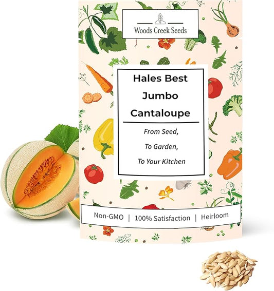 Woods Creek Seeds: Hales Best Jumbo Cantaloupe Melon Seeds for Planting - Over 130 Heirloom Non-GMO Cantaloupe Seed for Planting - Beginner Friendly Fruit Seeds for Home Gardening