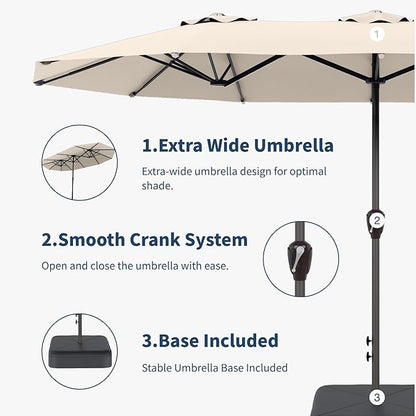 15FT Double Sided Patio Umbrella with Base Included Large Outdoor Market Umbrella with Crank Handle, UV Resistant Canopy, Sturdy Frame for Garden, Poolside, Deck, Beige