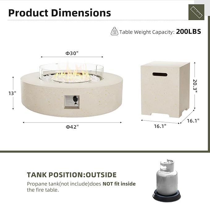 UPHA 42-inch Outdoor Propane Gas Fire Pit Table 50000 BTU Concrete Rectangle FirePit for Outside Patio with Propane Tank Cover, Wind Guad, White Glass Rocks, Rain Cover,Beige