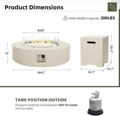 UPHA 42-inch Outdoor Propane Gas Fire Pit Table 50000 BTU Concrete Rectangle FirePit for Outside Patio with Propane Tank Cover, Wind Guad, White Glass Rocks, Rain Cover,Beige
