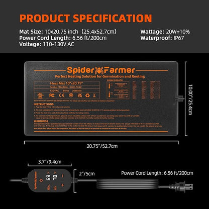 Spider Farmer Seedling Heat Mat 10"x20.75" with Built-in Temperature Controller Waterproof Plant Heating Pad for Indoor Seed Starting Germination Hydroponics