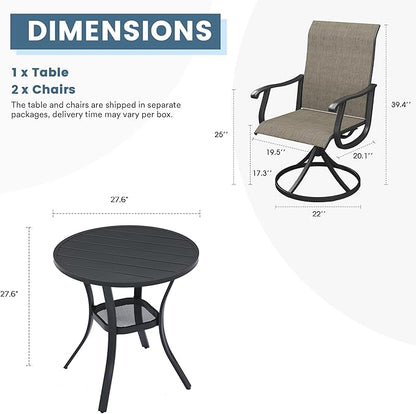 DIFY 3 Pieces Outdoor Patio Bistro Dining Set, 2 Brown Textilene Swivel Dining Chairs and 27.6" Black Small Round Dining Table, Outdoor Table and Chairs