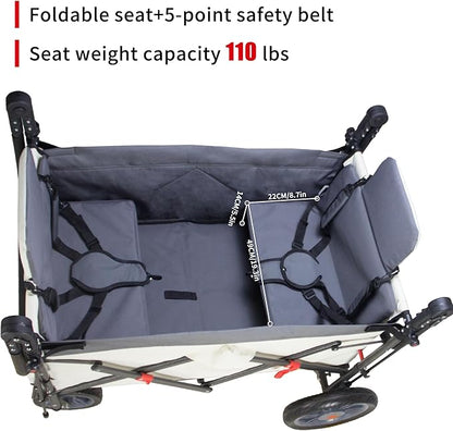 Foldable Wagon with Canopy - Collapsible Utility Cart with 2 Seats & Belts, Adjustable Handle, Expandable Front for Camping, Picnic, Shopping (Beige/Grey)