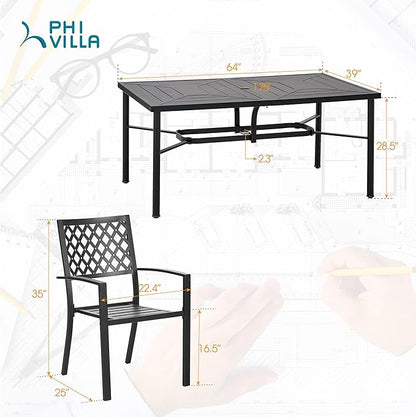 PHI VILLA 7-Piece Outdoor Dining Set, Rectangular Metal Table (64") with Umbrella Hole and 6 Stackable Dining Chairs – Perfect for Patio, Garden, Deck, Porch, and Yard, 7PCS Outdoor Dining Set Style 1