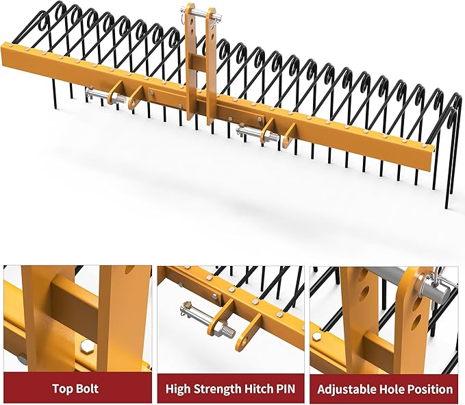 YITAMOTOR 60" Durable Powder Coated Steel Pine Straw Rake Steel Spring Landscape Rake Attaches to Cat-0 Cat-1,3 Point Hitch for Tractor, Yellow