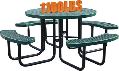 8-Person Outdoor Picnic Tables,46" Heavy-Duty Metal Round Picnic Table,Expanded Metal Commercial-Grade Table with 4 Benches & Umbrella Hole,Waterproof Coating Beach Table for Patio,Garden, Backyard