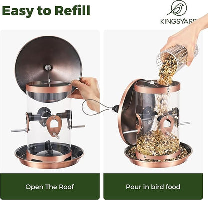 Kingsyard Metal Bird Feeders for Outdoors Hanging with 8 Ports, 4.5 lbs Large Tube Bird Feeder with Seed Tray for Cardinal Finch, Easy to Fill and Clean, Copper