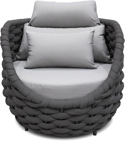 Patio Rope Armchair: Aluminum Woven Accent Chair - Cushioned Lounge Chair with Arms - Modern Garden Chair Assembled - All Weather Outdoor Seating Porch Furniture for 400lbs Deck Balcony Hotel