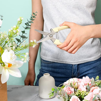 Therwen 12 Pcs Garden Shears Flower Scissors Pruning Shears Floral Garden Clippers Hand Pruners Branch Cutter Gardening Tools for Plants Cutting, Trimming, Fruits Picking (Beige,Bypass, Straight)