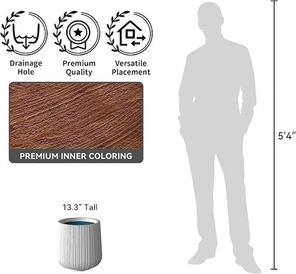 Kante 13.0" Dia Round Fluted Concrete Planter, Large Plant Pot with Drainage, Smooth White Finish with Aqua Blue Interior, for Indoor and Outdoor Use