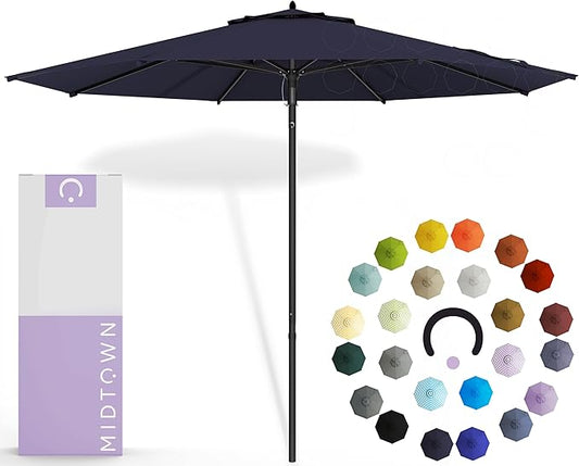 Midtown Umbrellas Push and Pop 9 Feet Outdoor Umbrella, Navy Blue Polyester Fabric - Fiberglass Ribs Deck Patio Umbrella, Backyard Umbrella, Garden Umbrella & Pool Umbrella - Black Pole
