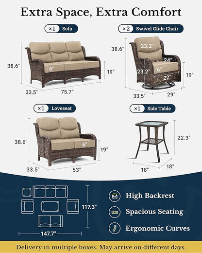 HILLGA Luxury Patio Furniture Set with 6-Inch Thick Cushions, High Back Outdoor Swivel Rocker Chairs Patio Loveseat and Couch, 6-Piece All Weather Conversation Set for Porch Deck Pool Yard, Beige (V3)