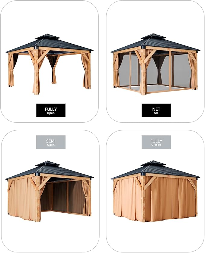 GAOMON Hardtop Spruce Wood Gazebo 12'x12', with Double Roof of Metal Sheets, 4.7'' Heavy Duty Poles, Net, and Curtain, Permanent Building for Patio, Deck, Backyard, Lawn, and Garden, Khaki