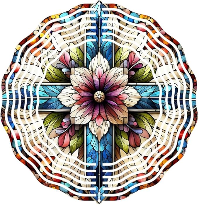 Cross Wind Spinner, Metal Wind Spinners Outdoor/Indoor, Cross Flower Hanging Garden Decor for Outside, Stainless Wind Spinners for Yard and Garden 10 inch 3D (25.76X25 CM)