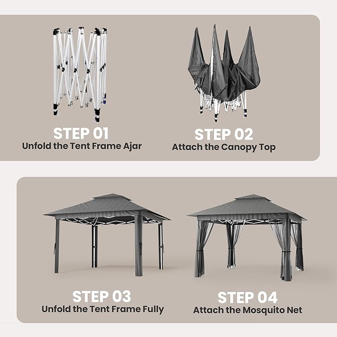 Bealife 11x11 Pop Up Gazebo Tent with Mosquito Netting, Outoor Canopy Tent with 4 Sandbags, 8 Stakes, 4 Ropes, Roller Bag, Pop Up Canopy Tent for Lawn Backyard Garden Deck, Grey