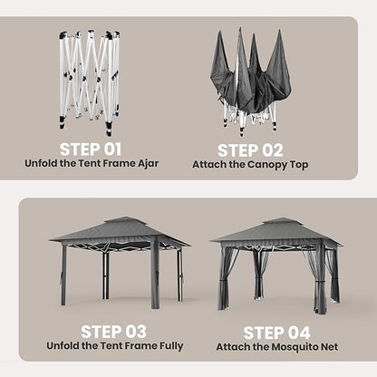 Bealife 11x11 Pop Up Gazebo Tent with Mosquito Netting, Outoor Canopy Tent with 4 Sandbags, 8 Stakes, 4 Ropes, Roller Bag, Pop Up Canopy Tent for Lawn Backyard Garden Deck, Grey