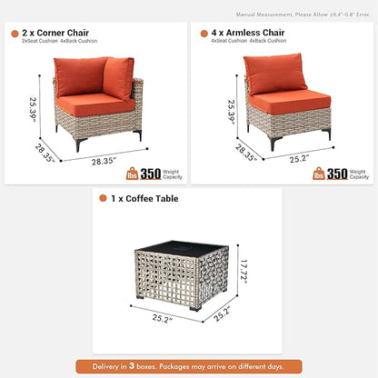 Outdoor Sectional Patio Furniture Set with Glowing Table,7 Pieces Wicker Conversation Sets L Shaped Couch Out Door Sofa Set Outside Furniture for Garden Deck Yard Porch,Orange Red