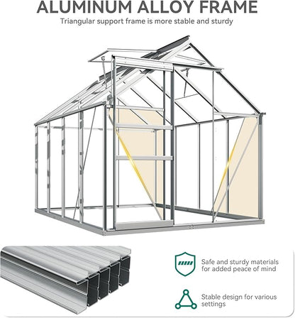 YITAHOME 6x8FT Polycarbonate Greenhouse Heavy Duty Green Houses Outdoor Aluminum Greenhouses with Sliding Doors Vent Window Walk-in Greenhouse Large Sun House for Garden Backyard, Matte Silver