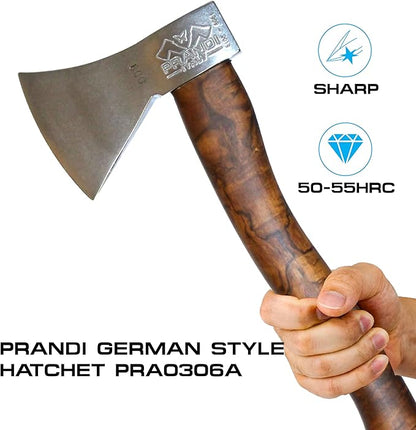 Prandi Axes German C45 Forged Carbon Steel Hatchet - Briar Hickory Handle with Leather String - Ideal for Camping, Travel and Bushcraft - 14" L x 6" W, 600g Polished Head 3.003.06.AH - No Sheath