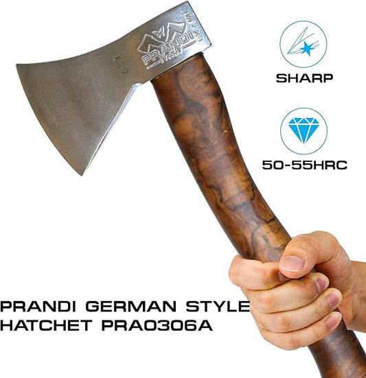Prandi Axes German C45 Forged Carbon Steel Hatchet - Briar Hickory Handle with Leather String - Ideal for Camping, Travel and Bushcraft - 14" L x 6" W, 600g Polished Head 3.003.06.AH - No Sheath
