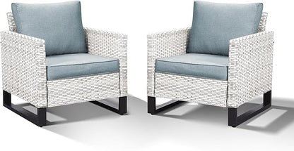 HUMMUH Outdoor Chairs PE Wicker Patio Dining Chairs Set of 2 Metal Frame Porch Chairs with 4 inch Seat Light Blue Cushions
