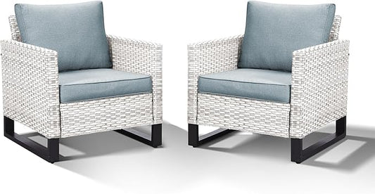 HUMMUH Outdoor Chairs PE Wicker Patio Dining Chairs Set of 2 Metal Frame Porch Chairs with 4 inch Seat Light Blue Cushions