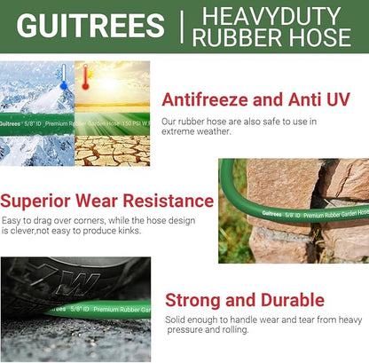 100FT 5/8 Heavy Duty Rubber Garden Hose - 200psi Working, 1000psi Burst - Hot/Cold Water - Five-Layered Braiding for Durability - Versatile for Gardening, Agriculture, Construction(Green)