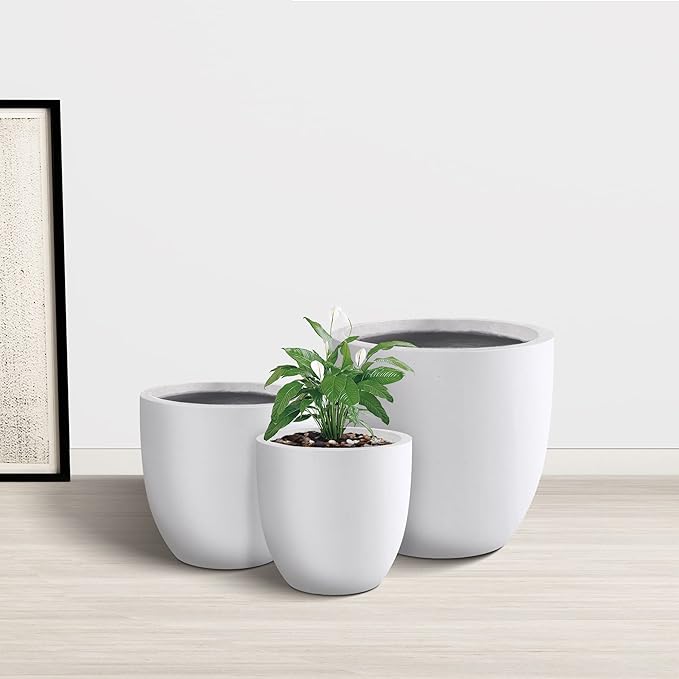 Kante 20",16.5",13.4" Dia Round Concrete Planters (Set of 3), Outdoor Indoor Modern Decorative Plant Pots with Drainage Hole & Rubber Plug for Home & Garden, Pure White