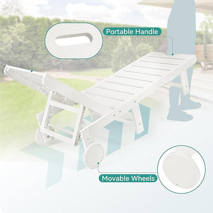Outdoor Chaise Lounge Chairs with Table, 2-Piece, 26.8” Super Wide Lounge Chair Outdoor, HDPS Pool Chairs with 5 Positions, Patio Lounge Chair with Wheels for Pool,Lawn,Backyard, White