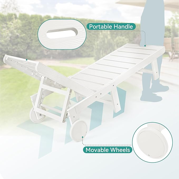 Outdoor Chaise Lounge Chairs Set of 4, 26.8” Super Wide Lounge Chair Outdoor, HDPS Pool Chairs with 5 Positions, Patio Lounge Chair with Wheels for Pool,Lawn,Backyard, White