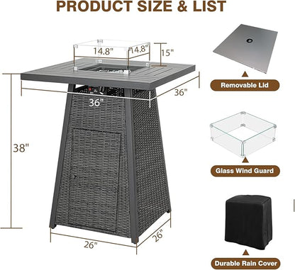 36 Inch Outdoor Propane Fire Pit Table 50,000 BTU – High Top Square Gas Fire Pit with Glass Wind Guard, Wicker Rattan Base for Patio & Backyard, Includes Rain Cover & Glass Beads
