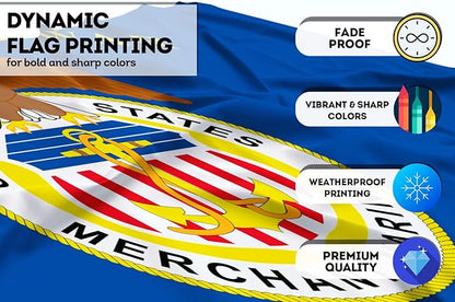 AGAS United States Merchant Marines Flag 3x5 Ft - Printed 200D Nylon Canvas Header Two Brass Grommets US Military Merchant Marines Flag
