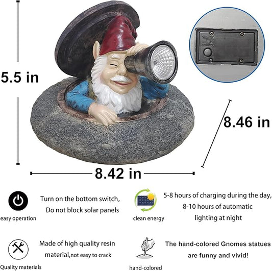 Garden Gnomes Statue ， Solar Garden Decor ， Dwarf Statue Hiding Under a Manhole Cover， Suitable for Yard, Lawn, Patio's Outdoor Decor, Gnomes Figurine Ideal for Holiday Giving