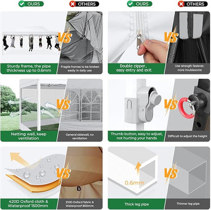 COBIZI 10x20 Heavy Duty Pop Up Canopy Tent with 6 Sidewalls, Commercial Gazebo Party Tent with Mosquito Netting Wall Easy Set Up Outdoor Instant Screen Tent for Backyard, Patio, Garden, White