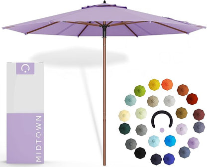 Midtown Umbrellas The Wooden 10 Feet Patio Umbrella With Terylast Midtown Purple Polyester Fabric - Aluminum Frame Market Umbrella For Backyard, Deck, Garden, Pool - Wooden Pole