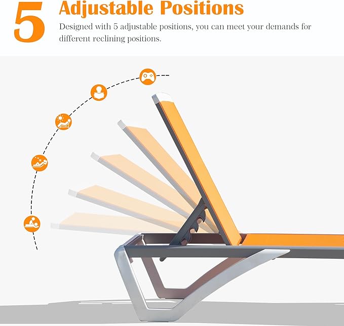 Domi Outdoor Lounge Chair Set of 3, Aluminum Patio Chaise Lounge with 5 Position Adjustable Backrest and Wheels, All Weather Reclining Chair for Patio, Yard, Balcony, Poolside (Orange)