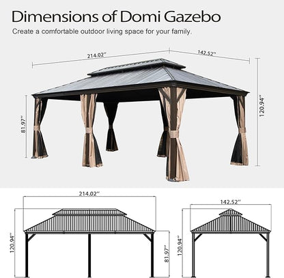 Domi 12x18FT Outdoor Gazebo, Hardtop Gazebo with Galvanized Steel Double Roof, Metal Gazebos with Drainage System Patio Pergola for Patio Deck Backyard,Curtain and Netting,Brown