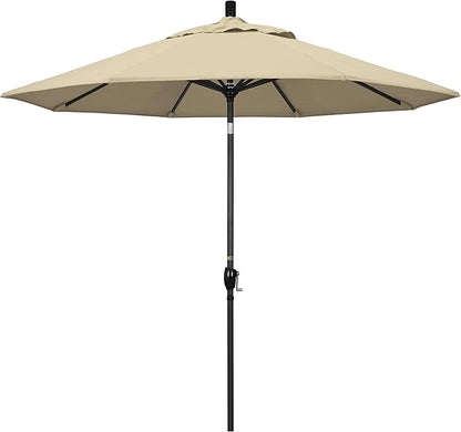 California Umbrella 9' Round Aluminum Market Umbrella, Crank Lift, Push Button Tilt, Black Pole, Sunbrella Antique Beige