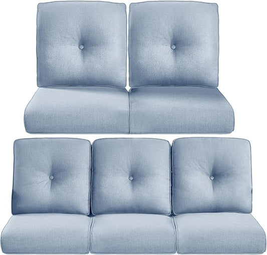 Pop 22x25/22x24 Outdoor Cushions for Patio 5 Piece Set - Set of 5 Water-Resistant Replacement Cushion for Wicker Rocking Swivel Chairs Loveseat Couch Sectional Sofa - Baby Blue/Button