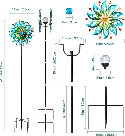 Solar Wind Spinners Outdoor – H63xW13 Metal Kinetic Garden Spinner with Crackle Glass Ball & Built-in Solar Panel – Peacock-Style Yard Wind Sculpture with LED Light