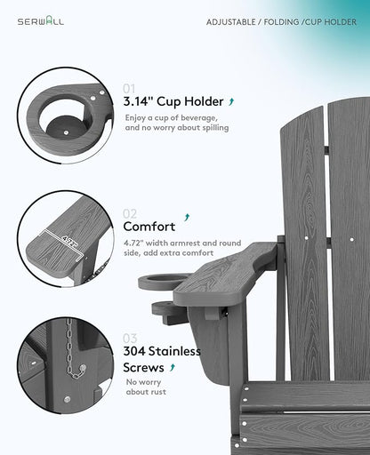 SERWALL Folding Adirondack Chair Set of 8, Adjustable Adirondack Chair with 3 Recline Positions, All Weather HDPE Outdoor Adirondack with Cup Holders, Gray