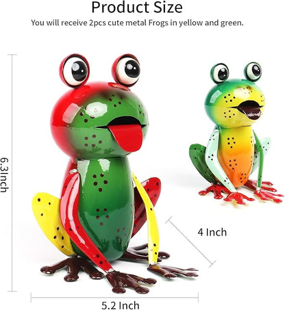 Metal Garden Decor Yard Art for Outside Set of 2 Cute Frogs Lawn Patio Ornaments Backyard Decorations Garden Gifts - (Yellow,Green)