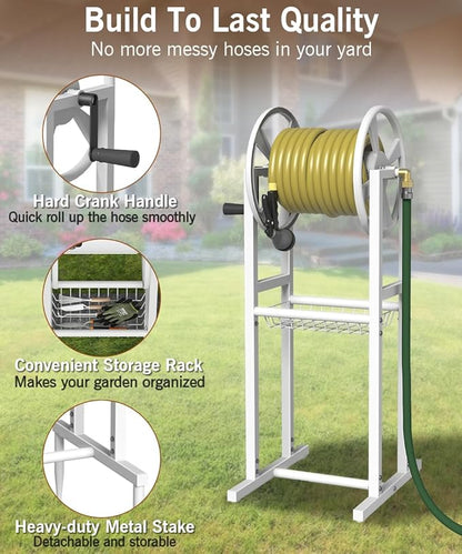 Garbuildman Ground Mount Garden Hose Reel Holds 125 Feet of 5/8-Inch with 3.9 ft Leader Hose, Brass Fitting, Water Hose Holder Stand with Storage Rack & 4 Spikes Base for Outdoor Lawn, White