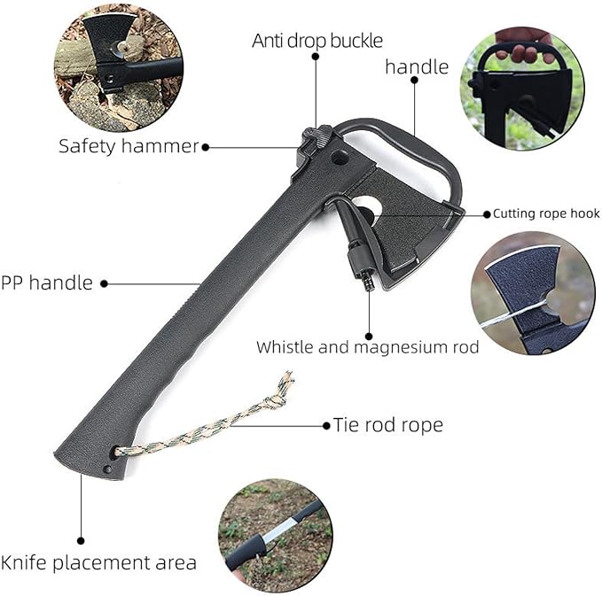 Camping Axe, Survival Hatchet, 4 in 1 Full Tang Tactical Axe with Durable Steel Head & Non-Slip Grip Handle for Camping, Survival, Landscaping
